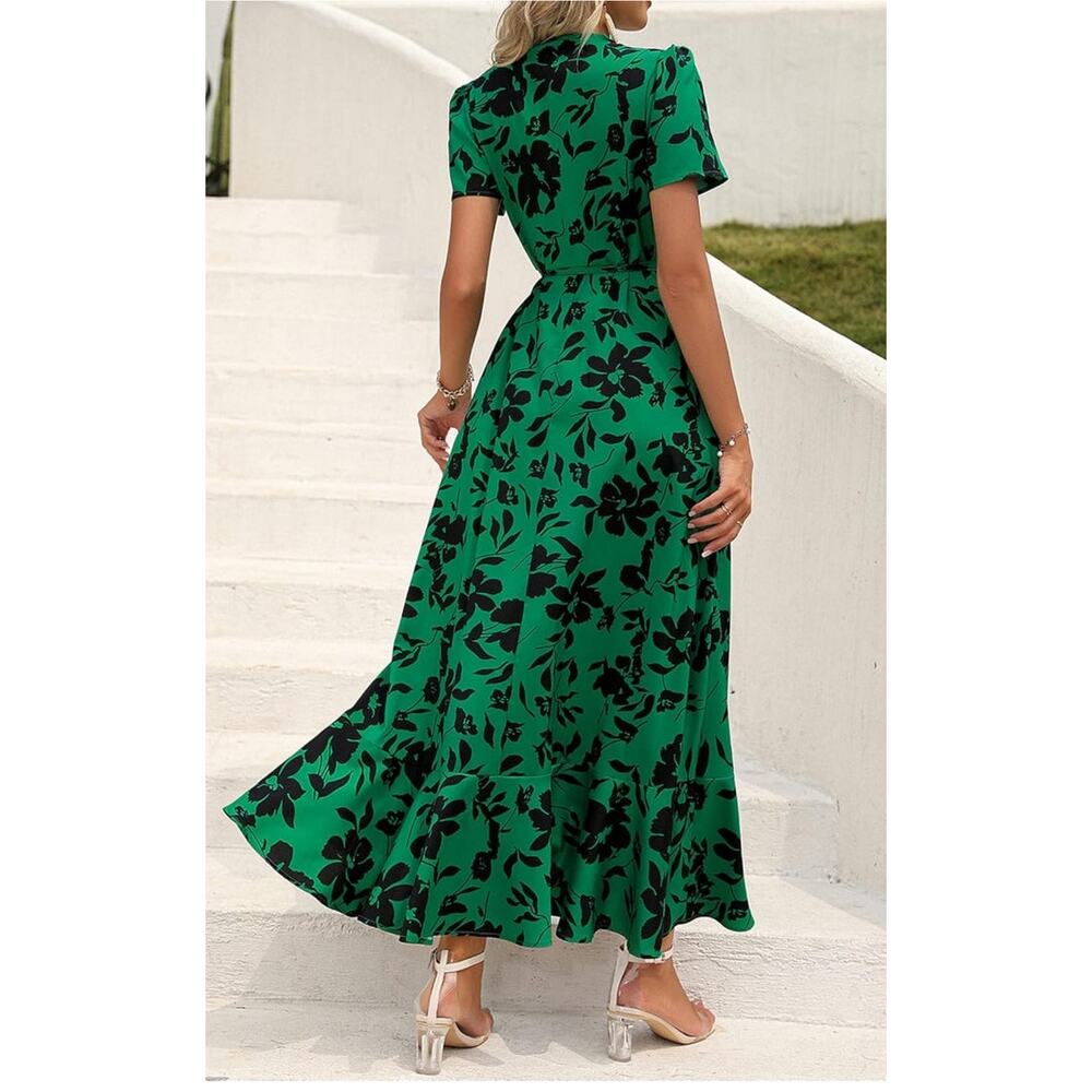 Pretty Garden Wrap Dress Emerald Green Black Floral Maxi Short Sleeve Size Large - Picture 3 of 9